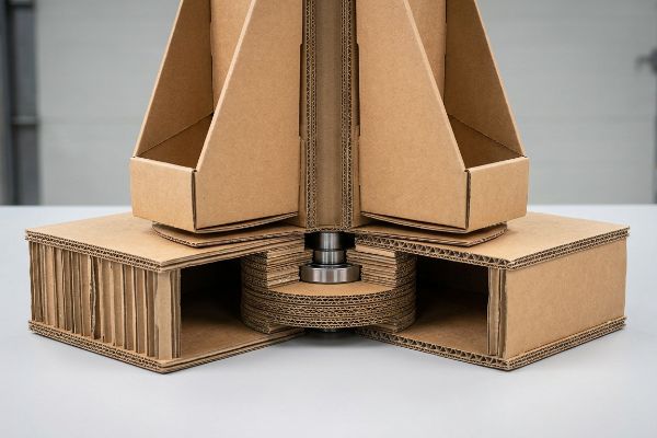 Corrugated cardboard base showcasing an isolated torque hub with a metal ball-bearing, designed for a kinetic rotating retail display.