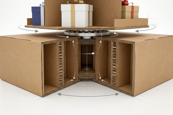 A base de exibição em papelão ondulado, após corte, revela uma estrutura giratória com rolamentos de esferas de metal e uma estrutura interna de parede dupla, mostrando um cubo de torque isolado para estabilidade cinética do mecanismo giratório.