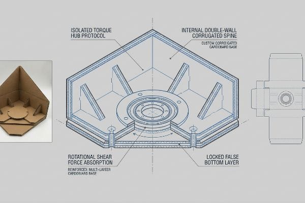 Reinforced Multi-Layer Cardboard Base diagram with Isolated Torque Hub Protocol, Internal Double-Wall Corrugated Spine, and Locked False Bottom Layer for Rotational Shear Force Absorption.