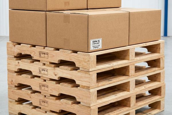 Light brown wooden pallets, stamped with Ispm 15, stacked beneath cardboard boxes, one labeled Ispm 15 Compliant Chemical-Free.
