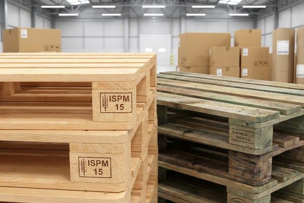 Light-colored ISPM 15 heat-treated wood pallets stacked next to darker, Chemically Treated pallets in a warehouse.