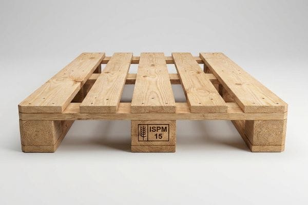 Light-colored wooden pallet with an ISPM 15 heat-treated stamp, essential for compliant tertiary logistics packaging.