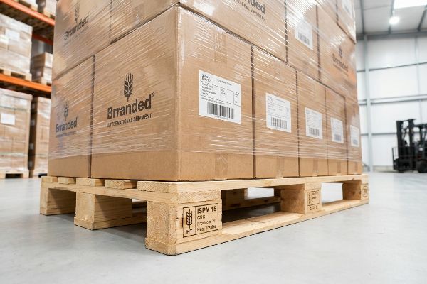 Heat-treated ISPM 15 certified wooden shipping pallet supporting shrink-wrapped Brranded international shipment boxes in a warehouse.
