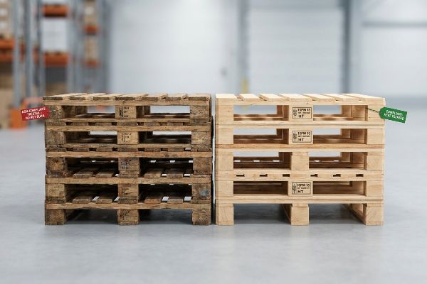 Weathered non-compliant wooden pallets with a 'Non-Compliant Treated - Do Not Burn' tag beside new ISPM 15 HT certified pallets with a green 'ISPM 15 Heat Treated' tag.