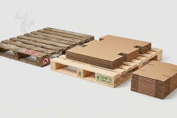 Weathered wooden pallet with flame hazard and chemical fumes, next to an ISPM 15 Compliant heat-treated pallet with corrugated slip sheets.