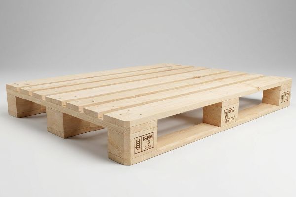 Light wooden pallet with visible ISPM 15 Code and wheat symbol, indicating heat-treated wood for global shipping.