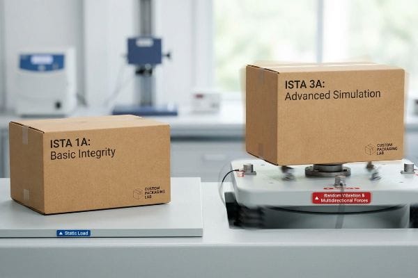 Brown cardboard boxes in a Custom Packaging Lab, one for ISTA 1A Basic Integrity static load, the other for ISTA 3A Advanced Simulation random vibration and multidirectional forces.