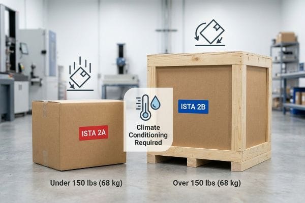 Ista 2A cardboard box (under 150 lbs) and Ista 2B wooden crate (over 150 lbs) with climate conditioning icon.