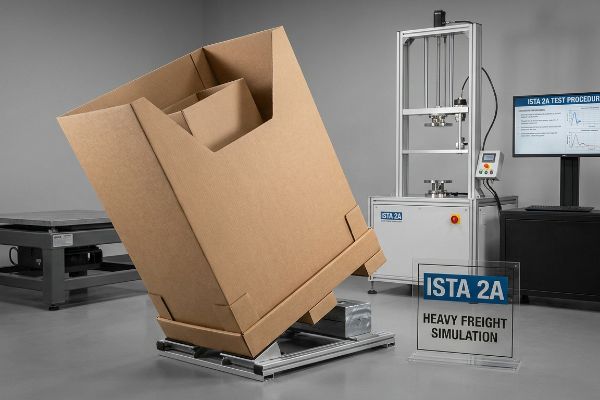 Brown corrugated box on a tilt test rig for ISTA 2A Heavy Freight Simulation, with a compression tester and monitor showing test data.