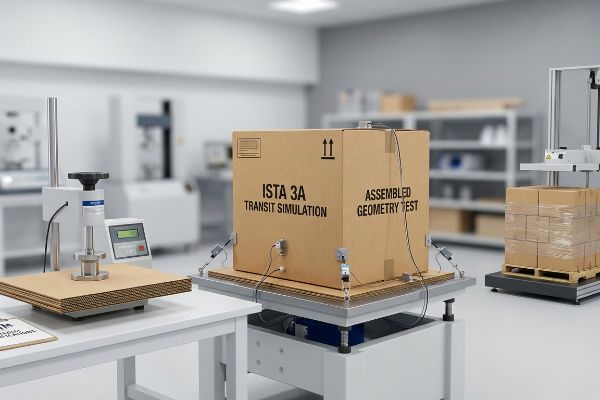 瓦楞纸箱在振动平台上进行 ISTA 3A 运输模拟和组装几何测试,并配备压缩和托盘测试机。.
