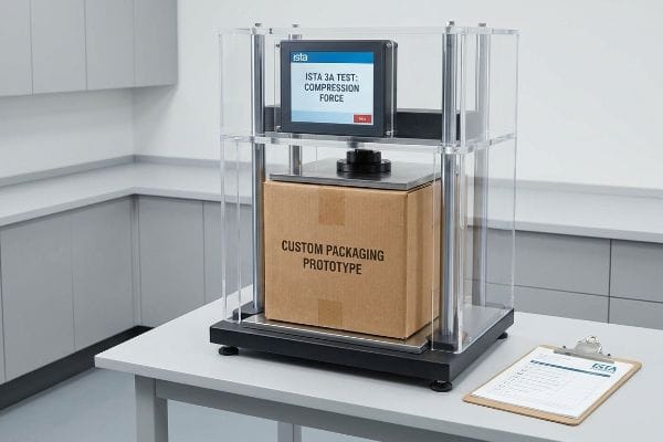 A compression test is performed on a brown corrugated box labeled 