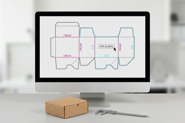 Corrugated dieline on monitor with magenta Crease, cyan Cut lines, and 'Ista 3a Spec'. A brown box and caliper are on the desk.