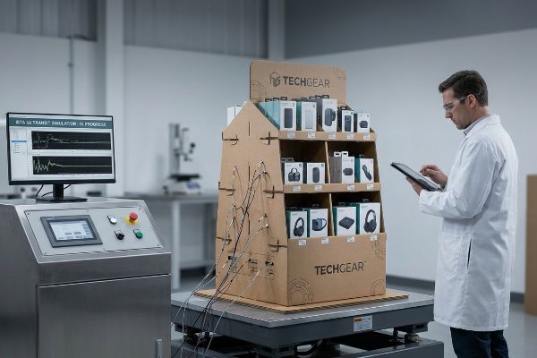 Corrugated Techgear retail display undergoing ISTA 3A transit simulation on a vibration table, monitored by a scientist, with a screen showing 'ISTA 3A Transit Emulation - Is Progress'.