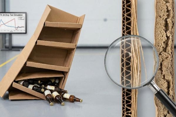 Collapsed corrugated cardboard display with spilled beverage bottles, showing a magnified view of intact and failed flutes, and an ISTA 3A Drop Test Simulation graph.