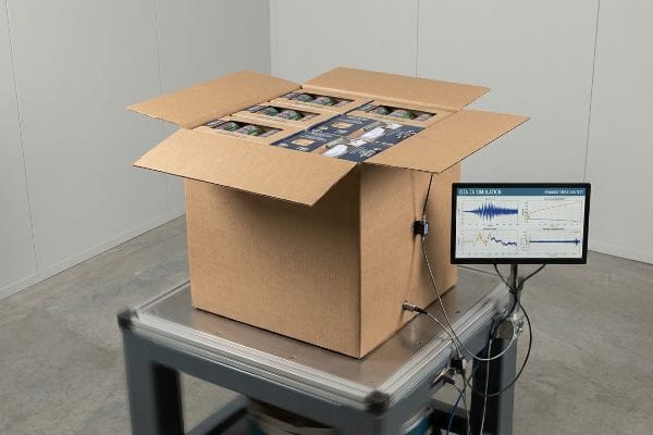 Carton maître ondulé sur une table vibrante pour simulation Ista 3a, avec un moniteur affichant des graphiques de test cinétique.