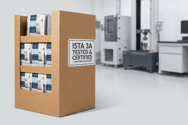 Brown corrugated cardboard POP display unit, ISTA 3A Tested & Certified for Structural Integrity, holding retail products in a testing lab.