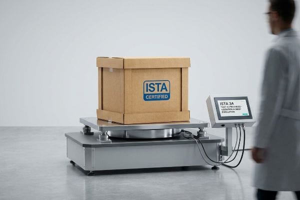 On a vibration and drop testing machine, an Ista Certified corrugated box undergoes Ista 3a test in progress.