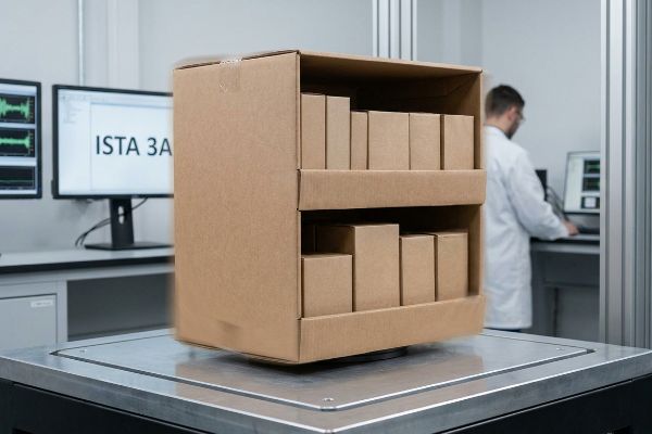 A brown corrugated cardboard box with internal product packaging undergoes ISTA 3A dynamic vibration testing on a lab platform.