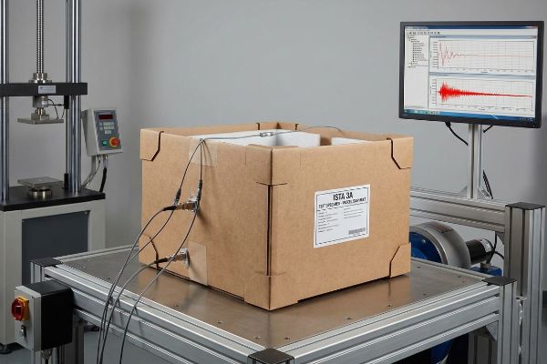 Brown corrugated cardboard box with sensors undergoing ISTA 3A vibration testing, displaying 'Ista 3a Test Specimen - Proof Of Concept' label.