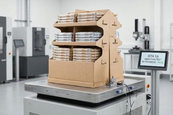 Présentoir PLV en carton ondulé avec des produits sur une machine de test de vibration ISTA 3A, l'écran affiche « Test de vibration en cours - Réussi ».