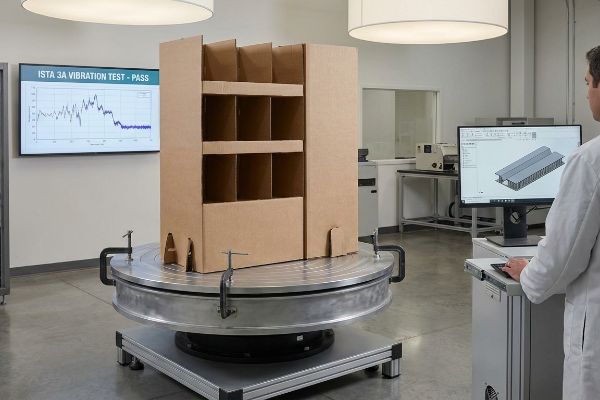 Brown corrugated display on a rotary vibration table, engineer views CAD, screen shows 