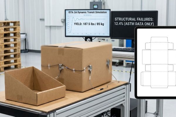 Brown corrugated box in ISTA 3A Dynamic Transit Simulation, monitors show 187.5 Lbs (85 Kg) yield and 12.4% Structural Failures.