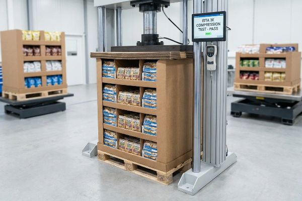 A compression test on a cardboard full-pallet display, with a screen displaying 