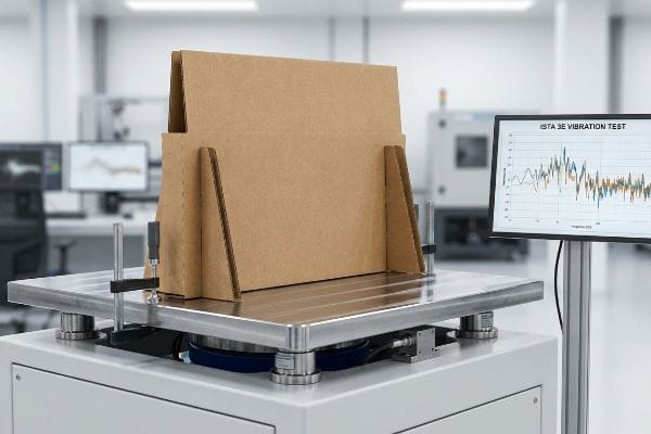 Corrugated cardboard packaging undergoing an Ista 3E Vibration Test on a hydraulic table, simulating ocean freight conditions.