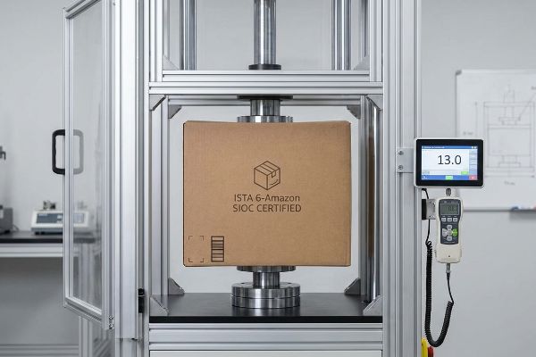 A brown corrugated cardboard box, Ista 6-Amazon Sioc Certified, undergoing compression testing in a lab, with a digital display showing 13.0.