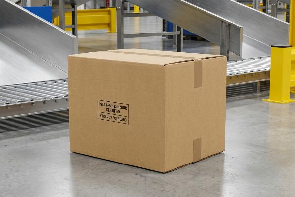 Brown cardboard box, sealed with tape, displaying 'Ista 6-Amazon Sioc Certified' and 'Virgin 32 Ect Board' on a warehouse floor with conveyors.