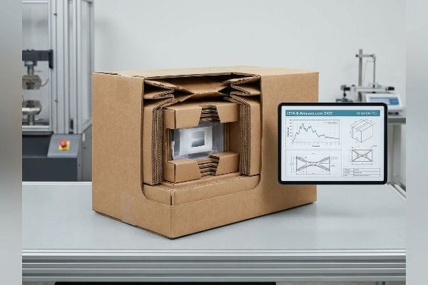 Brown corrugated cardboard box with internal crumple zones protecting a white product, next to a tablet displaying ISTA 6-Amazon.com-SIOC Vibration Test data.