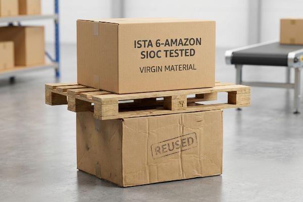 Virgin corrugated box, Ista 6-Amazon Sioc Tested, on a wooden pallet above a 'Reused' cardboard box.