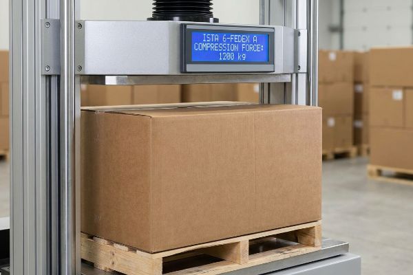Brown corrugated master carton on wooden pallet, ISTA 6-FedEx A compression test shows 1200 kg.