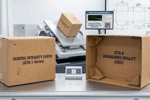 Corrugated boxes for 'Ista 1-Series Generic Integrity Check' and 'Ista 6 Engineered Reality (Sioc)' with internal buffers, in a test lab.