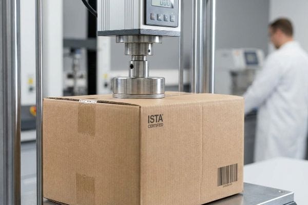 A compression test machine applies force to an Ista Certified cardboard box, ensuring packaging integrity.
