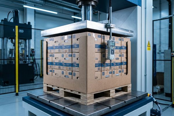A quarter-pallet corrugated display undergoes ISTA compression testing on a hydraulic press, measured by a digital force gauge.