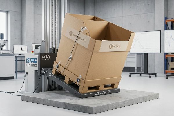 企業ロゴとGuimelロゴが入った茶色の段ボール製パレットディスプレイが、動的衝撃シミュレーション機でIsta試験を受けている。.