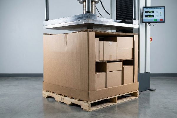A large corrugated half-pallet display, filled with smaller boxes, undergoes Ista Test Compression on a machine, simulating top-load transit stress.