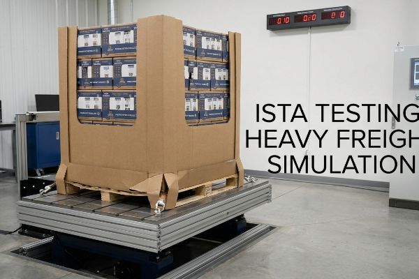 Brown corrugated cardboard pallet display, filled with blue boxes, undergoing ISTA Testing Heavy Freight Simulation on a vibration table.