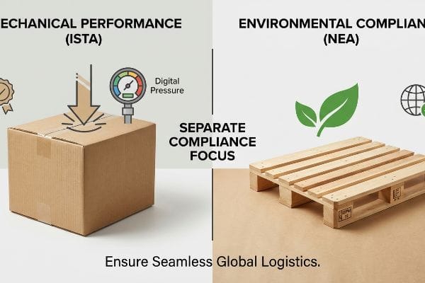 Cardboard box with Digital Pressure for ISTA Mechanical Performance; wooden pallet for NEA Environmental Compliance.