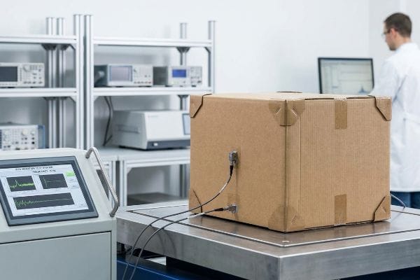 Brown corrugated box with sensors on a vibration test system, displaying waveform data for ISTA package testing.