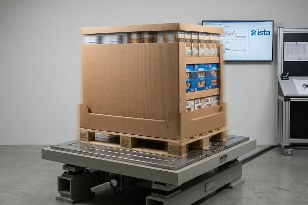 Corrugated cardboard pallet display loaded with products on an ISTA vibration table, showing transit simulation data on a monitor.