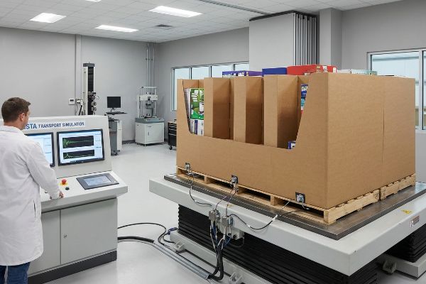 A technician conducts ISTA Transport Simulation of corrugated pallet skirts on a vibration testing machine in a modern lab.