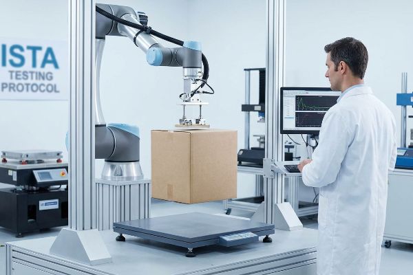 Universal Robots arm lifts cardboard box for ISTA Testing Protocol, scientist monitors data on screen.