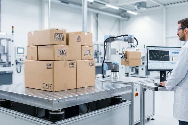 Ista Tested cardboard boxes on a vibration table, with a robotic arm performing packaging tests monitored by an engineer.