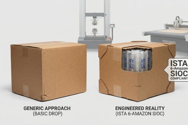 Brown corrugated boxes: a damaged Generic Approach (Basic Drop) and an Engineered Reality (ISTA 6-Amazon SIOC) with visible Air-Cell cushioning.