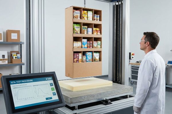 A scientist observes a suspended cardboard floor display filled with products during an ISTA drop test, with a monitor displaying ISTA Test Procedure data.