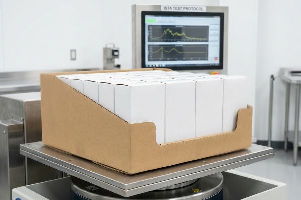 Brown cardboard PDQ tray with white boxes on a vibration test machine, displaying ISTA Test Protocol graphs.
