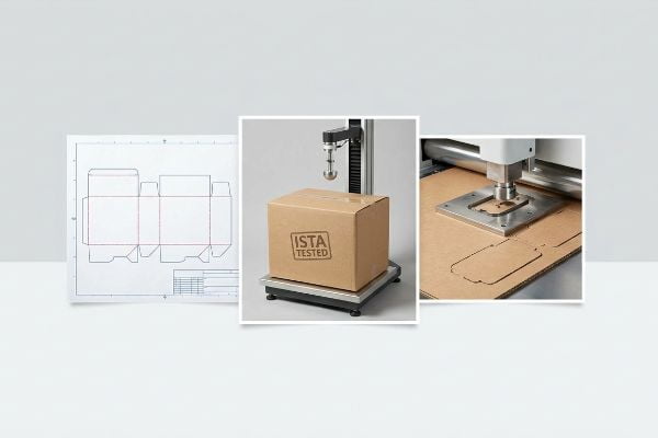 Packaging manufacturing process showing a box structural engineering blueprint, an Ista Tested corrugated box undergoing compression, and precision die-cutting.