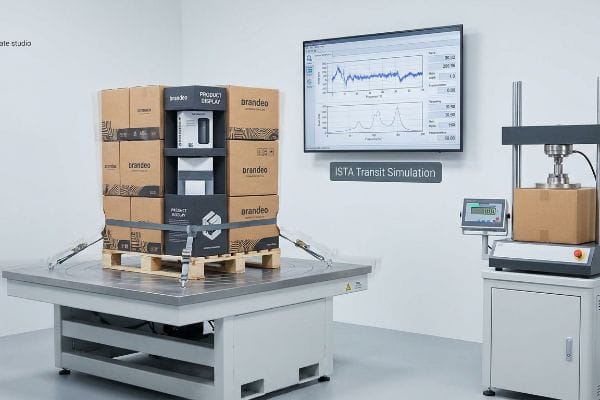 Corrugated Brandeeo Product Display on a vibration table undergoing ISTA Transit Simulation, with kinetic data on screen and compression testing.